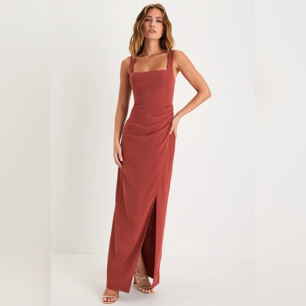 Lulus Glamorous Disposition Rust Ruched Maxi Dress